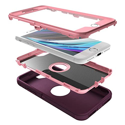 MXX Case Designed for iPhone SE Case 2020 /SE 2022 Heavy Duty Protective with Screen Protector [3 Layers] Rugged Rubber Protection Cover & Rotating 360 Degree Belt Clip SE 3rd/2nd Gen(Plum/Light Pink) - color: Plum/Light Pink