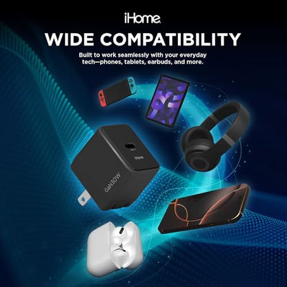 iHome GaN Universal USB-C Charger Block, Power Delivery, Folding Prongs, Compact Travel Design for Phones, Tablets & USB-C Devices (Black, 30W) - color: Black, size: 30W