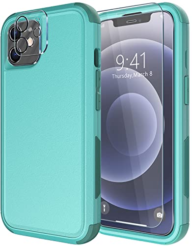Diverbox for iPhone 12 case [Shockproof] [Dropproof] [Tempered Glass Screen Protector + Camera Lens Protector],Heavy Duty Protection Phone Case Cover for Apple iPhone 12 (Teal) - color: Teal-3in1