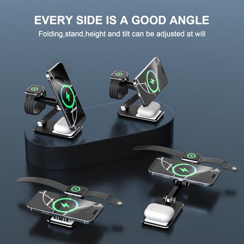 Wireless Charger 3 in 1,Foldable Wireless Charging Station for Apple MagSafe Charger,Aluminum Portable Magnetic Travel Charger Stand for iPhone,Watch,Aipods (with 20W Adapter & Case) - color: Black