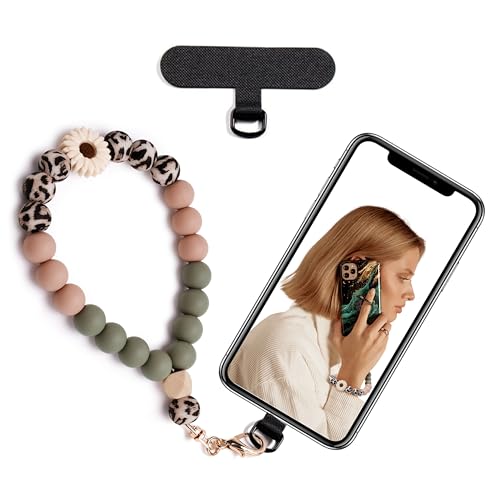 Silicone Beaded Phone Wrist Strap for Women, Elastic Wristlet - color: Daisy Leopard