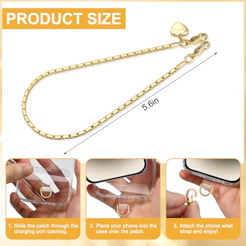 Shimmering Gold Phone Charm Strap, Metal Chain Wristlet with 2 Tether Tabs for iPhone Case, Anti-Theft Hands-Free, Women & Girls Travel Party Accessory
