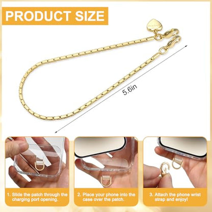 Shimmering Gold Phone Charm Strap, Metal Chain Wristlet with 2 Tether Tabs for iPhone Case, Anti-Theft Hands-Free, Women & Girls Travel Party Accessory