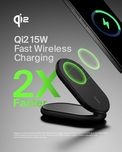 Belkin Qi2 15W Magnetic Foldable Wireless Charging Stand, Standby - color: Black