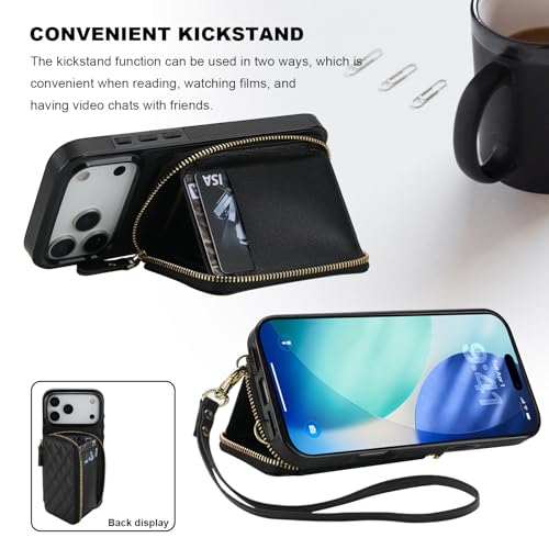 Bocasal Crossbody Wallet Case Card Holder for iPhone 17 Pro Max Black | RFID Blocking PU Leather Zipper Handbag Purse, Kickstand Flip Folio Case with Card Slots Holder Wrist Strap Lanyard 6.9 Inch - color: Black