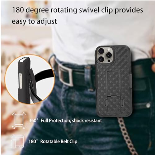 for iPhone 15 Pro Stand Case, Clip Holster, Screen Protector-Black | Camera Lens Protector, Swivel Kickstand Belt Holder, Slim Shell Pouch Full Body Protective,Rugged Shockproof Cell Phone Cover - size: iPhone 15 Pro