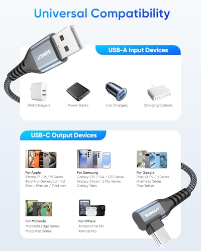 Right Angle USB C Cable 5FT, USB to USB C Cable Fast Charging [2Pack] - size: 5FT