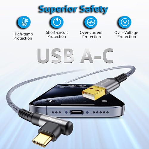 90 Degree USB C CarPlay Cable (6ft 2-Pack), Right Angle 3.1A Fast Charge Cord Compatible with iPhone 17 16 15 Pro Max Galaxy S25, Grey - size: 6Ft 2Pack