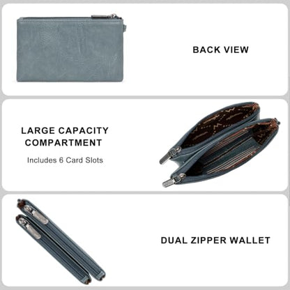 Montana West X Wrangler Woman Wallet Large Women's Wallets, Card Cases & Money Organizers Double Zipper Western Clutch Wallet and Rfid Lining - color: Jean
