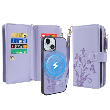 for iPhone 16e/17e Case Wallet,Compatible with MagSafe Magnetic 2 in 1 Magnetic Detachable PU Leather RFID Blocking Wallet Cover Card Holder Zipper Wrist Strap Lanyard,Floral Light Purple - color: Light Purple