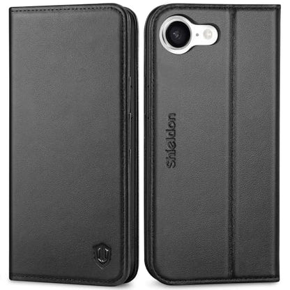 SHIELDON Genuine Leather Folio Wallet Case for iPhone 17e/16e 6.1", Black | Flip Magnetic Cover, Kickstand, RFID Blocking, 3 Credit Card Holder, Book Design, Shockproof, Soft Inner Phone Case - color: Black