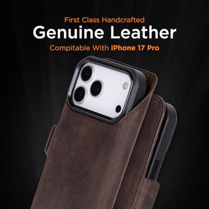 Bayelon Leather Folio Case for iPhone 17 Pro 6.3", Flip Cover Card Holder, Genuine Leather Case, Folio Wallet Case, MagSafe Compatible Shockproof Flip Cover, Rfid Blocking - Dark Brown - color: Dark Brown, size: iPhone 17 Pro