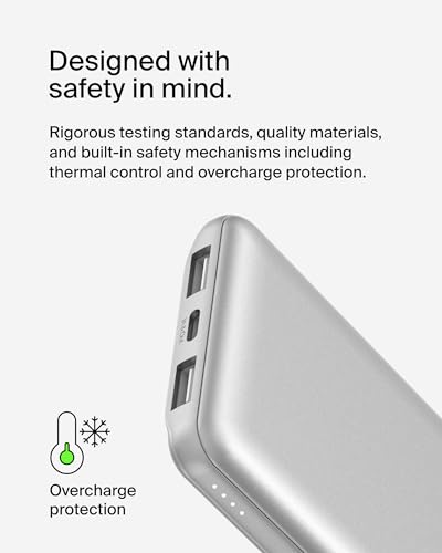 Belkin 10000mAh 15W 3 Port Power Bank, USB A to USB C Cable Included | Fast Charging, iPhone 17, Samsung Galaxy, Pixel, Airpods, iPad, Nintendo Switch 2, Battery Pack, USB C Port, USB A Port - color: Silver