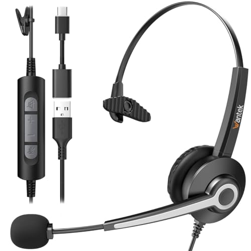 Wantek Monaural Corded USB Headsets with Noise Cancelling Mic and in-line Controls, UC Business Headset for Skype, SoftPhone, Call Center - color: Dark Black