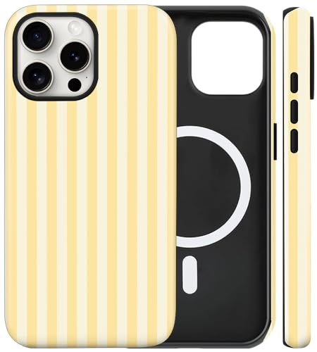 Magnetic for iPhone 14 Pro Case Cute Stripes Phone Case, Yellow | Aesthetic Striped Shockproof Slim TPU and Hard PC Protective Phone Cover Compatible with MagSafe Designed for Women Girls - color: Yellow, size: iPhone 14 Pro