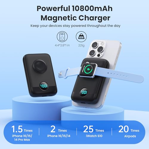 Magnetic Portable Charger for iPhone and Apple Watch, 10800mAh 25W PD Fast Charging USB C Power Bank, 4 Outputs Dual-Side Magnet Travel Essentials Battery Pack for iPhone 18/17/16/15/14/13/12 Series - color: Black