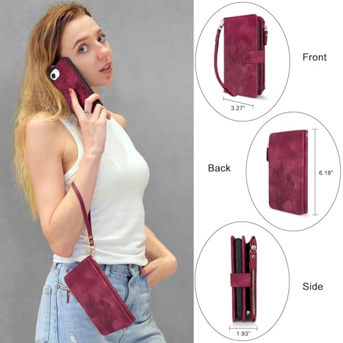 Case Wallet Compatible with iPhone 16e/17e, [12 Card Slots] ID Credit Cash Holder Zipper Pocket Detachable Leather Wallet Cover with Wrist Strap Lanyard（Floral Wine Red） - color: Floral Wine Red