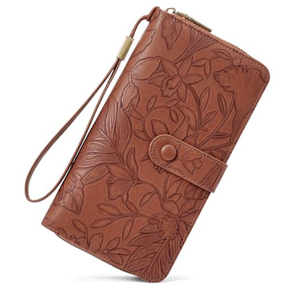 SENDEFN Women's Credit Card Holder RFID Blocking Zip Around Leather Wallet Large Capacity Long Purse with Wristlet - color: Brown