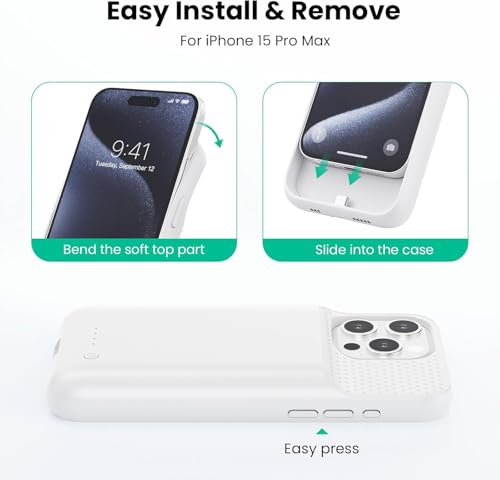 Battery Case for iPhone 15 Pro Max,Powerful 8600mah Ultra-Slim Protective Charging Case,15W Fast Charging Portable Rechargeable Expandable Battery Charger Cover for iPhone 15 Pro Max(6.7inch)-White - color: White