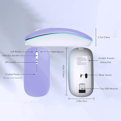 WREANU Wireless Bluetooth Mouse, Rechargeable Laptop Mice, Purple - color: Purple Wireless Bluetooth Mouse