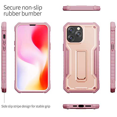ExoGuard for iPhone 14 Pro Max Case 6.7 Inch, Rubber Shockproof Full-Body Cover Case Come with a Tempered Glass Screen Protector and Kickstand (Pink) - color: Pink
