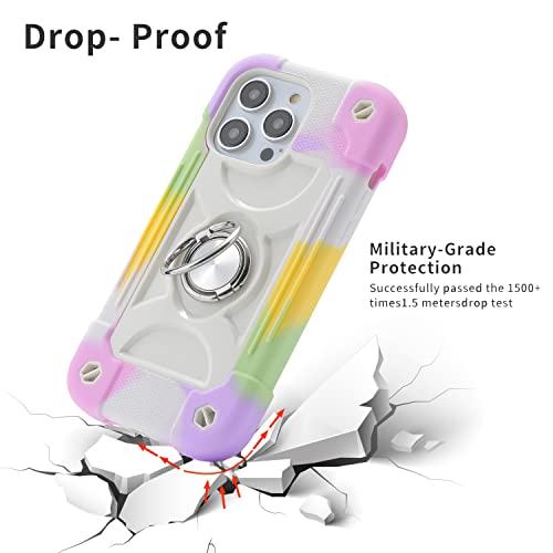 MARKILL Compatible with iPhone 14 Pro Case 6.1 Inch with Built-in Ring Stand, Military Grade Drop Protection Full Body Rugged Heavy Duty Case 3 in 1 Protective Durable Cover - color: Rainbow White, size: iPhone 14 Pro 6.1"