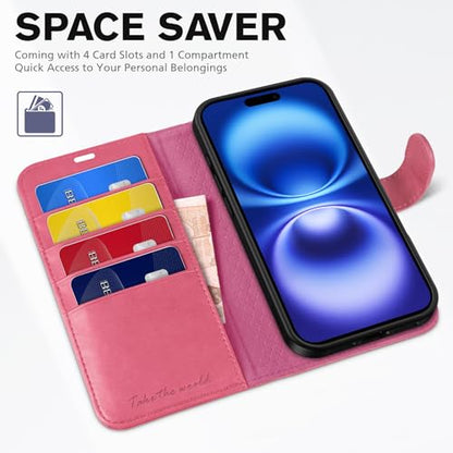 TUCCH Wallet Case for iPhone 16 (6.1") 2024, 4 Card Holders, Hot Pink | RFID Blocking, Viewing Stand, Shockproof TPU Shell, PU Leather, Magnetic Closure, Protective Folio Flip Cover - color: Hot Pink