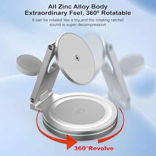 Foldable 360º Rotatable Zinc Alloy 3-in-1 Magnetic Wireless Charger, Charging Station, Charging Stand,15W for iPhone 12-17,5W for Apple Watches,AirPods(Adapter Included) (Black) - color: black