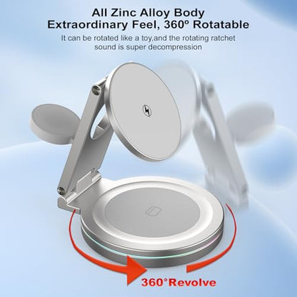 Foldable 360º Rotatable Zinc Alloy 3-in-1 Magnetic Wireless Charger,3 in 1 Charging Station,Charging Stand,15W for iPhone 12-17,for Apple Smartwatches, AirPods (Adapter Included) (White) - color: white