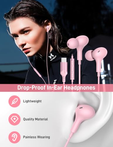 USB C Headphones for Apple/iPhone Duo 18 17 16 15 Wired Earbuds with Case - color: Pink