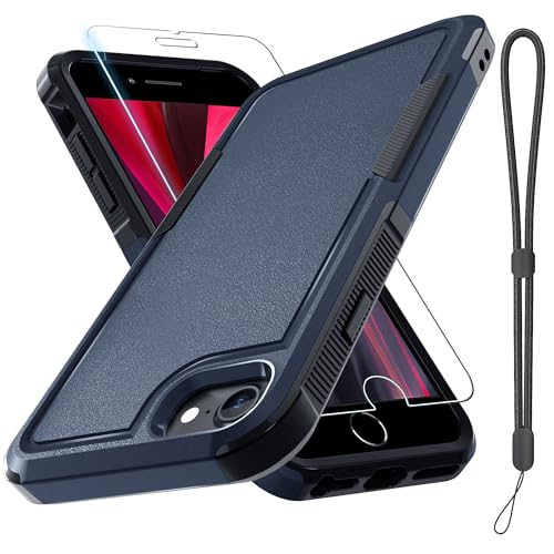 Case for iPhone 8/7/SE 2022 2020, with Screen Protector,Military Grade Heavy Duty Shockproof Phone Cover with Wrist Lanyard Strap for iPhone 8/7/SE 2nd 3rd 4.7 inch,Navy Blue | with Screen Protector+Wrist Lanyard Strap,Heavy Duty Shockproof Case for iPhon