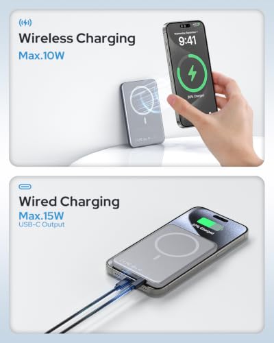 for Magsafe Portable Charger, 5000mAh Slim Wireless Magnetic Power Bank | Travel Essential for MagSafe Battery Pack with USB C Fast Charging, Compatible with 17/16/15/14/13/12 (Silver Gray) - color: Silver Gray