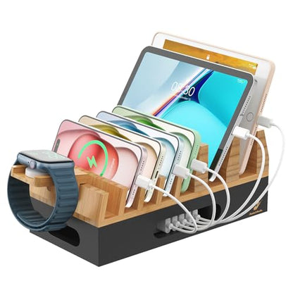 Pezin & Hulin Bamboo Charging Station with 5 Cables-Natural+Black - color: Natural + Black