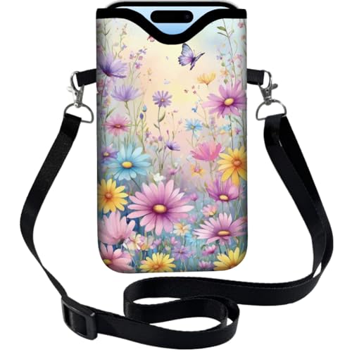 Neoprene Cell Phone Sleeve Pouch with Adjustable Strap Neck Lanyard Fits Most Smartphones 7.1 x 3.9 Inch Waterproof Phone Pouch Floral Butterfly Carrying Cellphone Case Bag for Women Men - color: Flower Butterfly