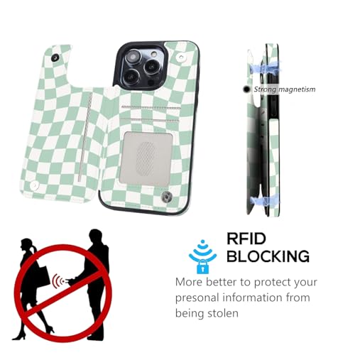 for iPhone 16 Pro Case Wallet with Card Holder (Green Checkerboard) | Flip PU Leather,Built-in Card Slots, Kickstand,RFID Blocking and Shockproof Case - color: Green Checkerboard, size: iPhone 16 Pro 6.3 inch