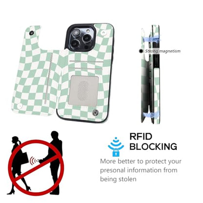 for iPhone 16 Pro Case Wallet with Card Holder (Green Checkerboard) | Flip PU Leather,Built-in Card Slots, Kickstand,RFID Blocking and Shockproof Case - color: Green Checkerboard, size: iPhone 16 Pro 6.3 inch