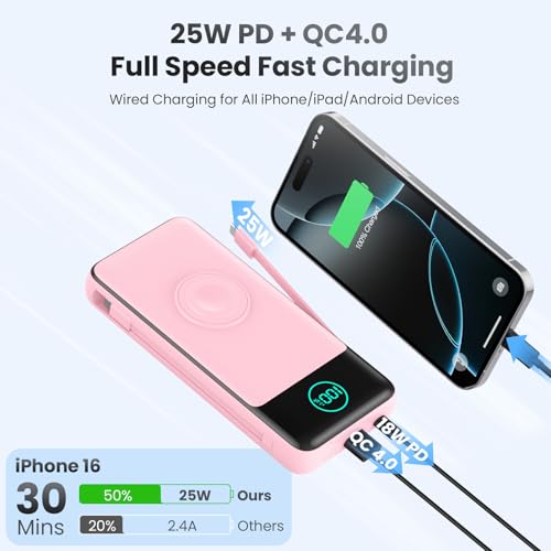 Portable Charger for iPhone with Built-in Cables and AC Wall Plug,26800mah Fast Charging USB C Power Bank,25W PD Travel Essential Battery Pack for iPhone 17/16/15/14/13,Galaxy,Apple Watch (Pink) - color: Pink