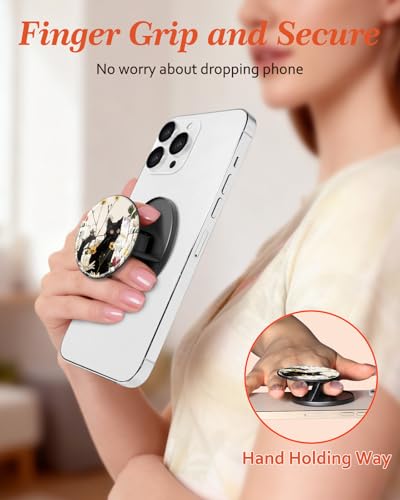 Kidcube Magnetic Phone Grip Compatible with Magsafe - Cell Phone Grip Stand Magnetic Ring Holder Finger Kickstand for iPhone 17 16 15 14 13 12 Series Magnet Removable Accessories Cute Black Cat Flower