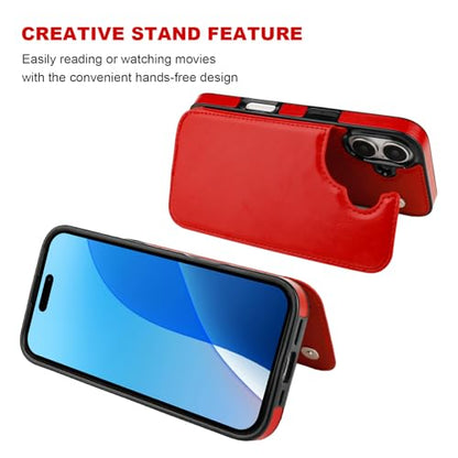 ONETOP for iPhone 16 Wallet Case with Credit Card Holder,Red | Kickstand,ID/Cash Holder,Case Wallet with Card Slots,Double Magnetic Clasp,Durable PU Leather Shockproof Cover for Women Men - color: Red