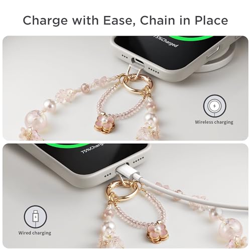 POSADINA Phone Charm for Women, Anti-Theft Phone Wrist Strap Hands-Free & Beaded Chain, Detachable Cell Phone Lanyard with Tether Tab - color: Pink Blossom