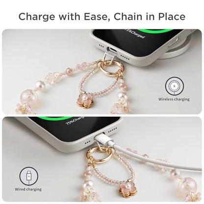POSADINA Phone Charm for Women, Anti-Theft Phone Wrist Strap Hands-Free & Beaded Chain, Detachable Cell Phone Lanyard with Tether Tab - color: Pink Blossom