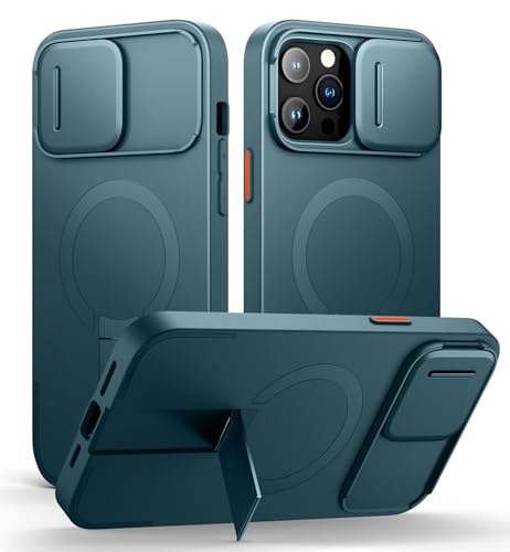 SURITCH for iPhone 13 Pro Max/12 Pro Max Case with Magnetic Camera Slide Cover and Adjustable Kickstand, Compatible with MagSafe, Shockproof Bumper Case Slim Protective Cover 6.7 Inch, Lake Green - color: Lake Green, size: IPhone 13 Pro Max/12 Pro Max-6.7