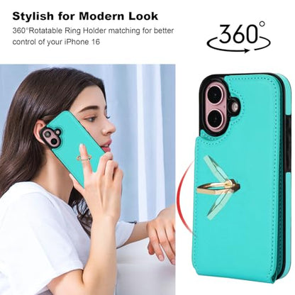 Folosu Compatible with iPhone 16 Case Wallet with Card Holder, 360°Rotation Finger Ring Holder Kickstand, RFID Blocking Leather Protective Double Buttons Shockproof Cover 6.1 Inch Mint Green - color: Mint Green