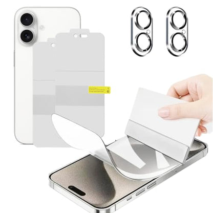 High Sensitivity Hydrogel Protective Film for iPhone 16, 2 Pack Transparent Soft TPU Screen Protectors with 2 pack Tempered Glass Camera Lens Protector,[Full Coverage] (NOT Tempered Glass)