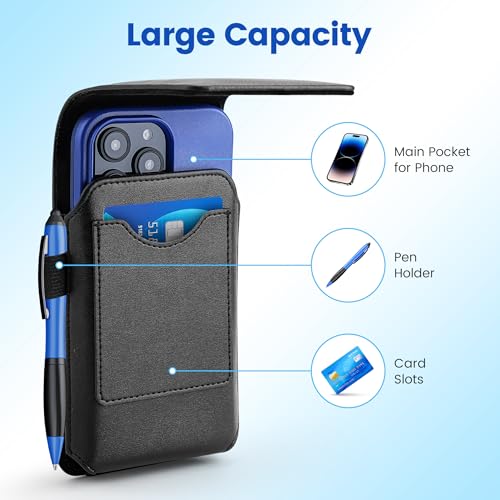 Mopaclle Phone Holster with 360° Rotating Clip,Cell Phone Belt Holder Compatible with iPhone 17 Pro Max/Air,iPhone 16 Pro Max,15 14 Pro Max & Plus,Galaxy S25+/S24+/S23+ & FE Models, Fit with Case On - color: 02 Leather -Black, size: L (6.5 x 3.5x0.5 in)