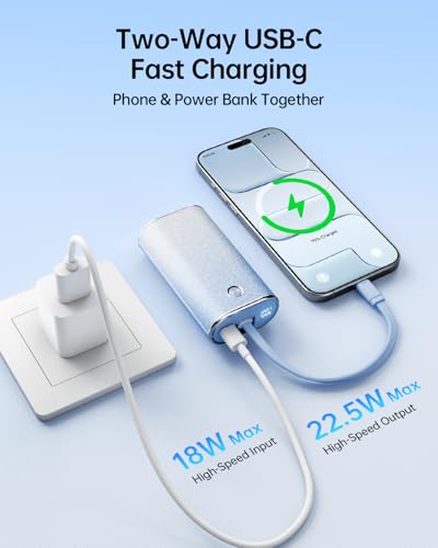 iWALK Sparkly 10000mAh Portable Charger, 22.5W Fast Charging Small Power Bank with Built-in USB-C Cable, Diamond Glitter Ultra-Compact Battery for iPhone 17/17 Pro/16/16 Pro/15, Samsung,ShinyBlue - color: ShinyBlue 22.5W