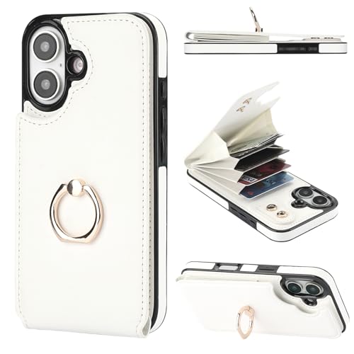 Folosu Compatible with iPhone 16 Case Wallet with Card Holder, 360°Rotation Finger Ring Holder Kickstand, RFID Blocking Leather Protective Double Buttons Shockproof Cover 6.1 Inch White - color: White