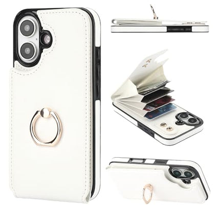 Folosu Compatible with iPhone 16 Case Wallet with Card Holder, 360°Rotation Finger Ring Holder Kickstand, RFID Blocking Leather Protective Double Buttons Shockproof Cover 6.1 Inch White - color: White