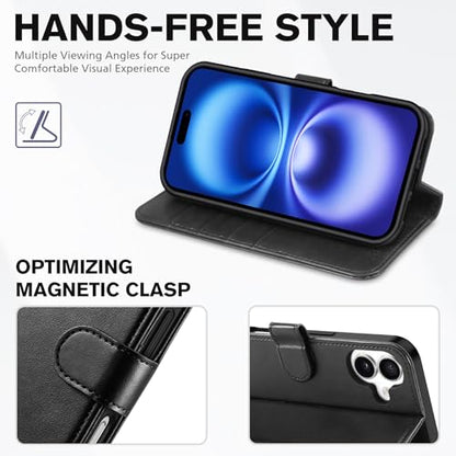 TUCCH Wallet Case with Wrist Strap for iPhone 16 (6.1") 2024, Black | 4 Card Holders, RFID Blocking, Viewing Stand, Shockproof TPU Shell, PU Leather, Magnetic Closure, Folio Flip Cover - color: Strap - Black