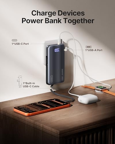 INIU 45W Fast Charging Portable Charger, 10000mAh with Built in Wall Plug | Slimmest, Built-in Wall Plug, USB-C Cable, GaN, Flight-Safe, 3 in 1 Power Bank for iPhone 17, Samsung, iPad etc - color: Black